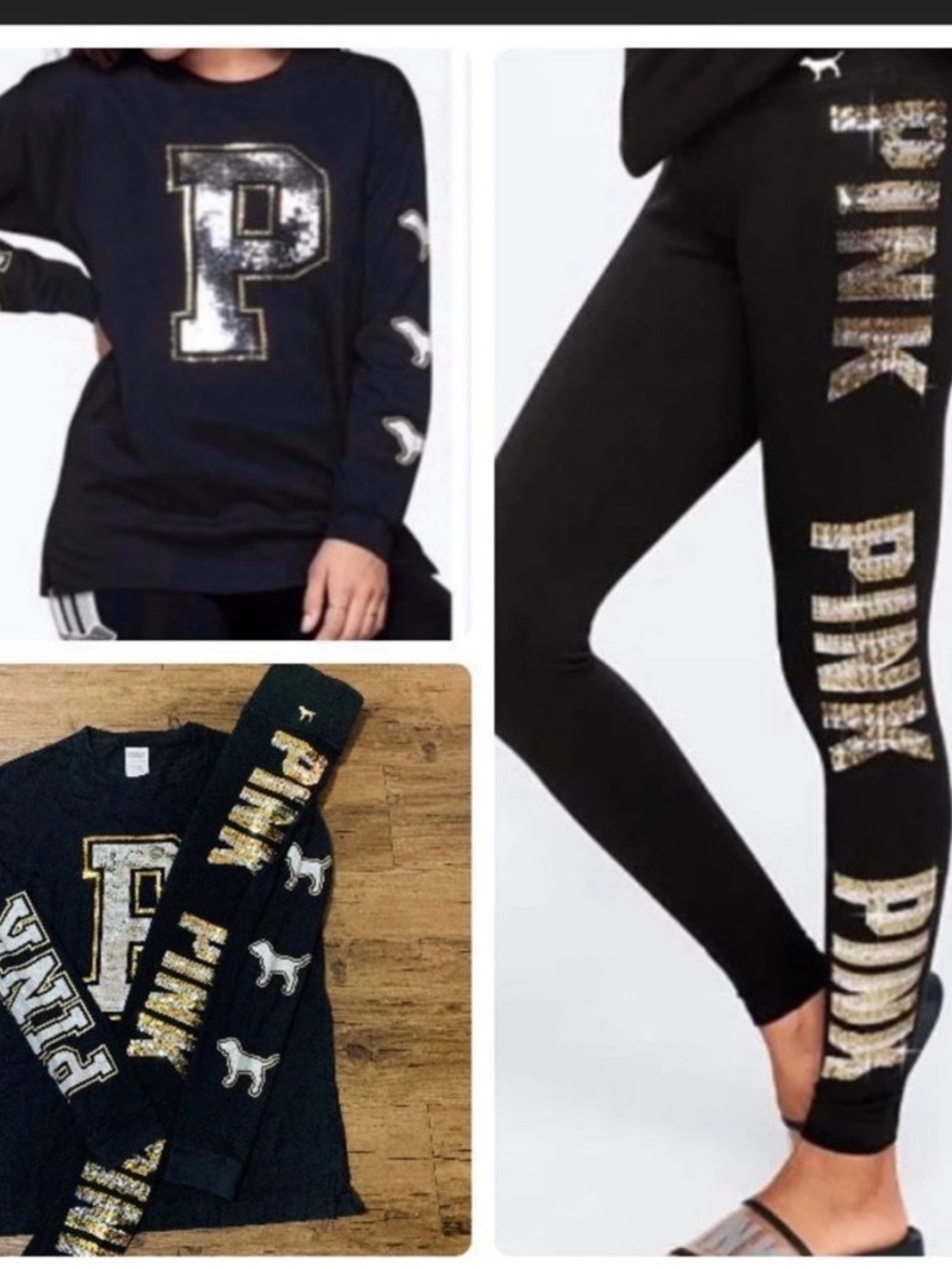 PINK VICTORIA’S SECRET GOLD PUPPY TSHIRT / BLING LEGGINGS S